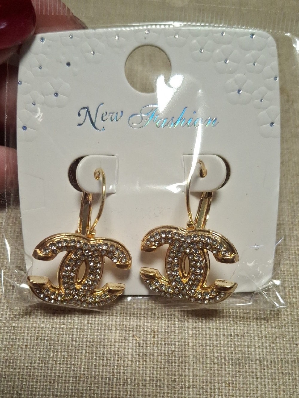 New Gold Crystal Interlocking Logo Drop Earrings